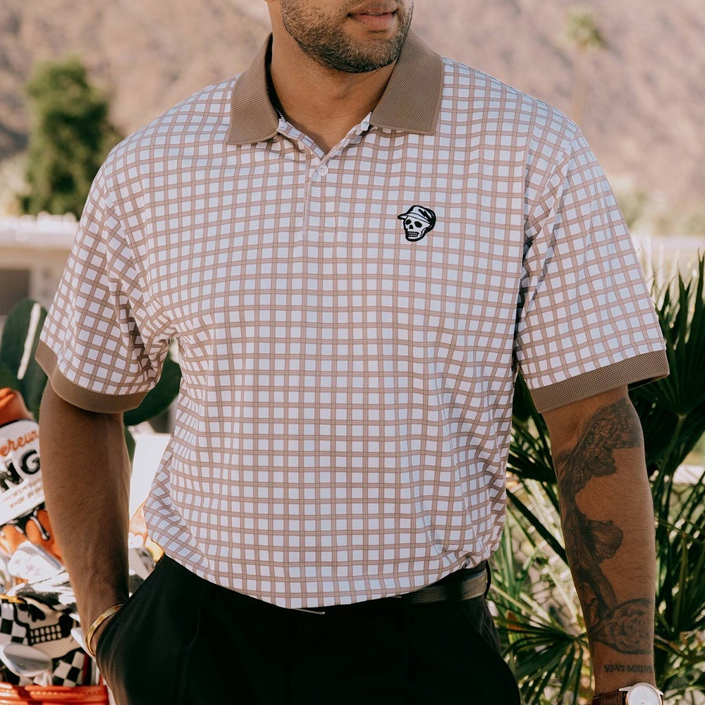 Devereux Golf Shirt - Gingham Polo - Greige - White SS26