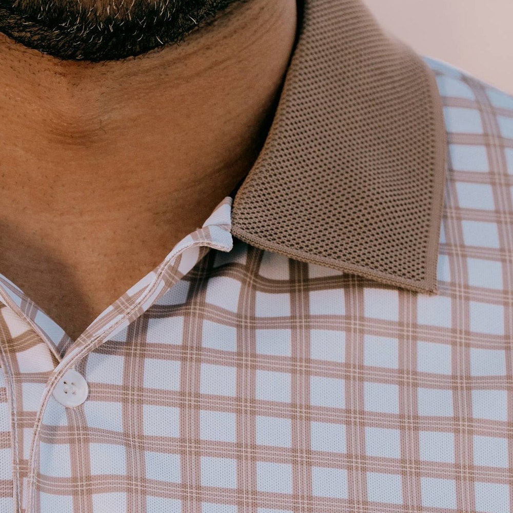 Devereux Golf Shirt - Gingham Polo - Greige - White SS26