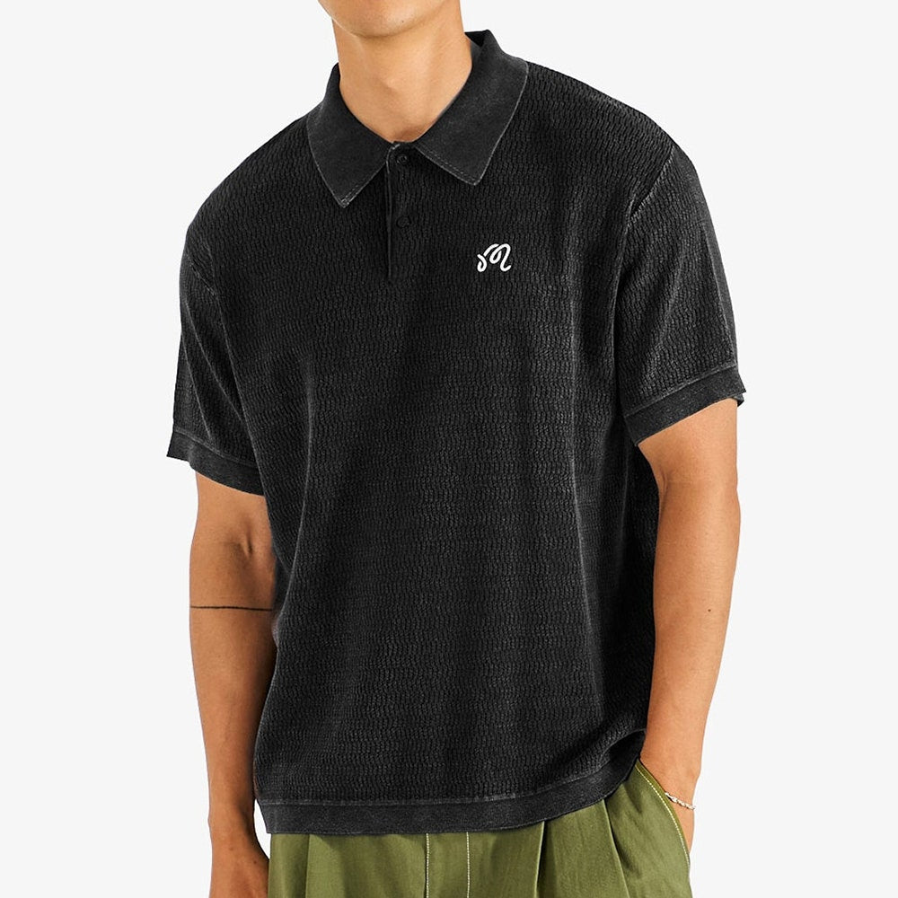 Malbon Golf Shirt - Brickwork Knit Polo - Black FA26