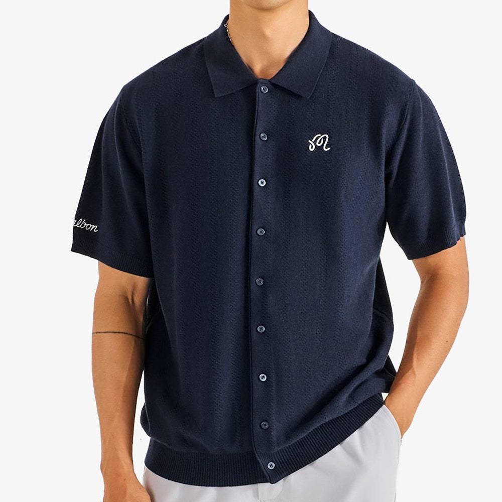 Malbon Golf Shirt - Crosscut Button Up Polo - Blueberry FA26