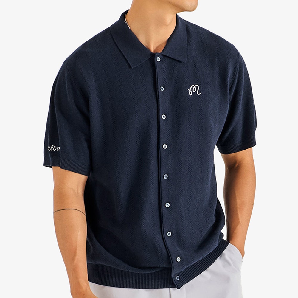 Malbon Golf Shirt - Crosscut Button Up Polo - Blueberry FA26
