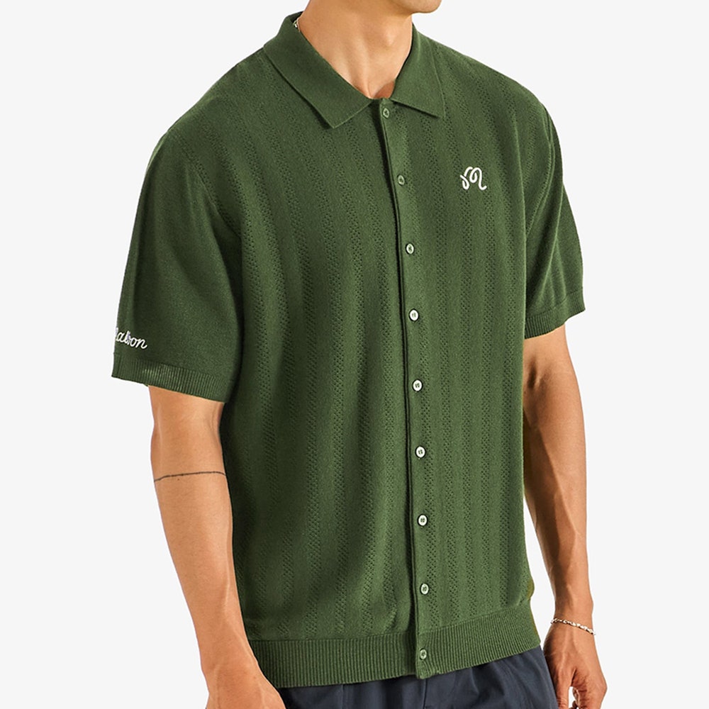 Malbon Golf Shirt - Crosscut Button Up Polo - Rifle Green FA26