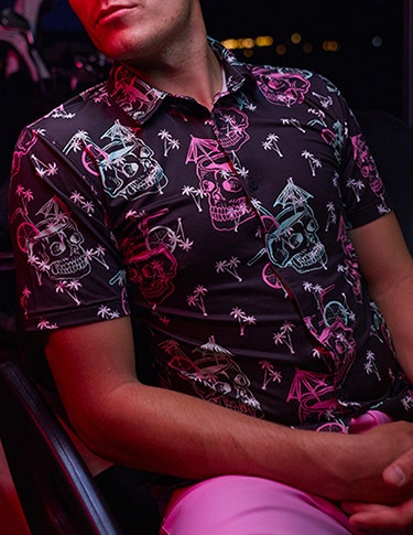 PUMA Golf Shirt Black Pink Green Skulls Cocktail