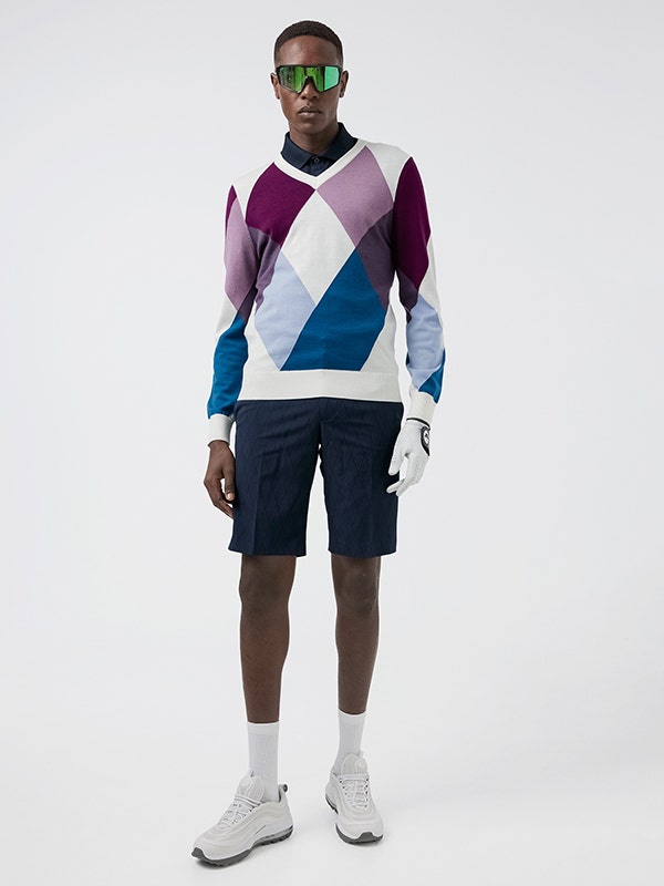 J Lindeberg High Summer White V Neck Argyle Sweater