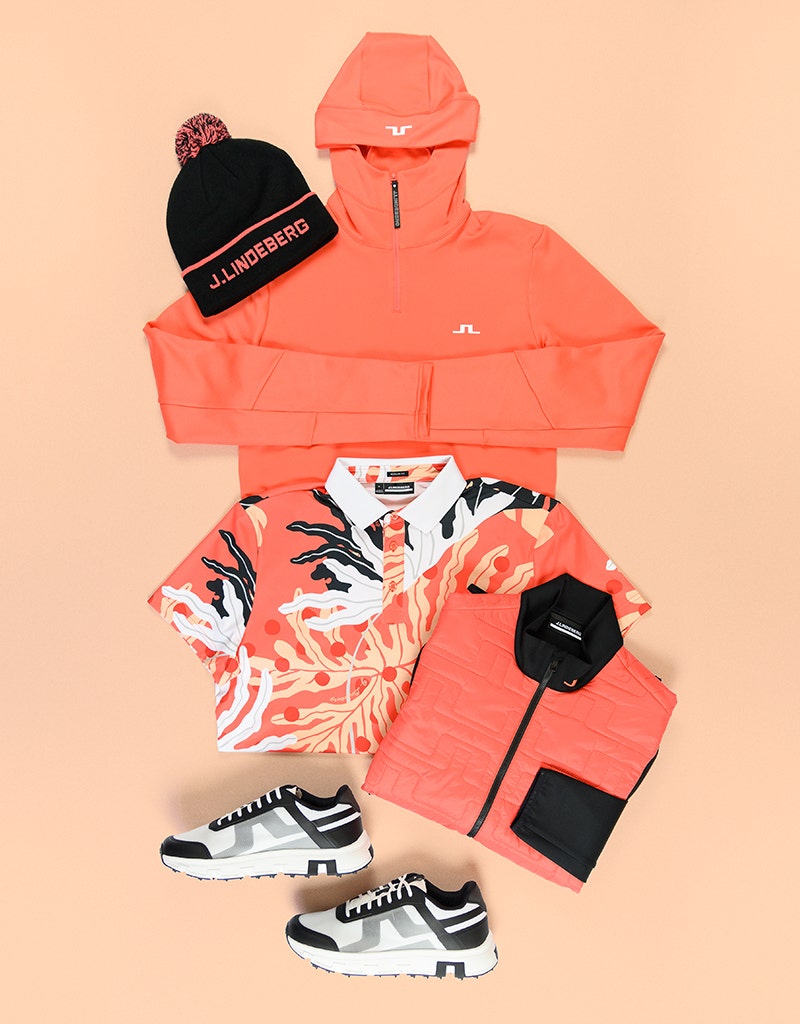 J Lindeberg Pre Spring 2024 Hot Coral Outfit Inspiration